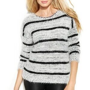 Calvin Klein Striped Fuzzy Crew Neck Long Sleeve Sweater Black White Women Size